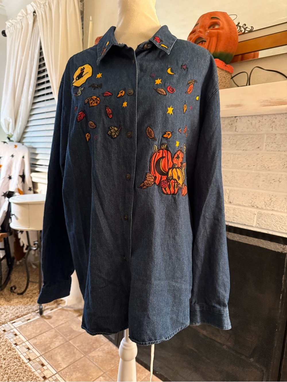 Y2k Karen Scott Cottagecore Womens Fall Halloween Embroidered Denim Shirt  xl